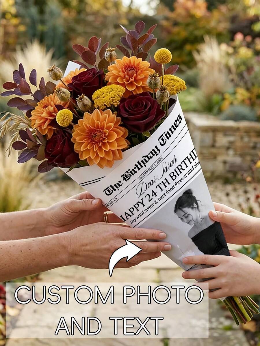 Custom Photo & Name Wrapper, Birthday Newspaper Bouquet Wrap - Personalized Flower Wrapping Paper ,Personalized Gift For Her/Him - Multicolor - View 1