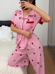 Dreamivo Red Striped Heart Print Short Sleeve & Pants Women Pajamas Set, Elegant & Comfortable For Spring/Autumn, Suitable For Outdoor Wear - Pink - View 5