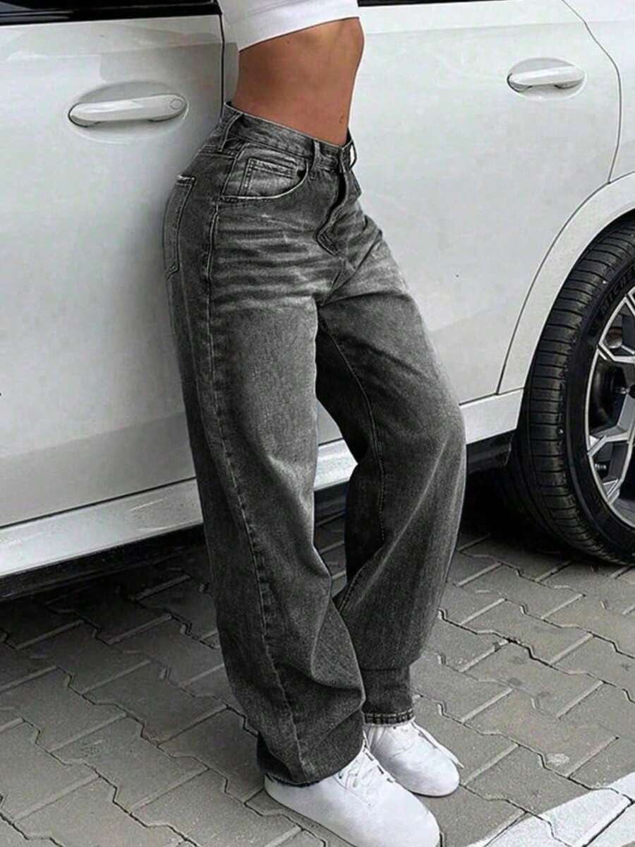 Women's Retro Minimalist Casual Loose Straight Leg Jeans - Grey - View 1