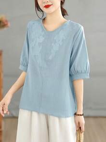 Literary And Retro Style, Loose V-Neck Shirt With Embroidery Summer - Light Blue - View 1