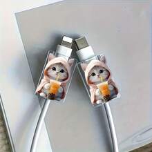 2个可爱卡通猫咪数据线保护套，防损，Type-C手机数据线保护套，时尚耐用 - 彩色 - 查看 2