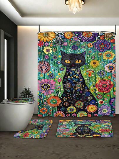 Bộ phụ kiện phòng tắm họa tiết mèo đen hoa lá nghệ thuật Pop Art (1/3/4 món), trang trí nhà cửa, rèm phòng tắm, bộ phụ kiện phòng tắm, bao gồm rèm tắm, bộ rèm phòng tắm. Có nhiều kích thước: 72in*72in, 35.4in*72in, 47.2in*72in, 59in*72in, vải polyester chống nấm mốc, bộ trang trí phòng tắm bao gồm rèm tắm, thảm chữ U cho bồn cầu, thảm chống trượt, bọc bồn cầu và 12 móc treo rèm tắm. Thích hợp làm quà tặng Ngày của Mẹ, quà tặng tựu trường, quà xuân/hè, quà tặng mọi mùa.
