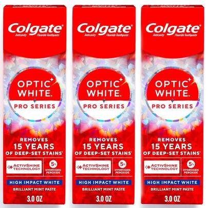  Colgate Optic White Pro Series High Impact White, 3 Pack, Teeth Whitening Toothpaste With 5% Hydrogen Peroxide And ActivShine, Brilliant Mint Flavor, 3.0 OZ