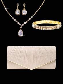 Clutch de Luxo Feminina com Pregas para Eventos, Bolsa Feminina Cintilante para Noivas e Casamentos, Conjunto de Noite com 4 Peças de Strass, Conjunto Cintilante de Colar, Brincos e Pulseira, Clutch Plissada com Lantejoulas para Festas, Bolsa Envelope com Aba em V, Perfeita para Festas, Casamentos, Bailes de Formatura, Jantares/Banquetes, Roupas de Noiva, Trajes Formais, Vestidos de Baile de Formatura e Vestidos de Aniversário - Dourado - Visão 1