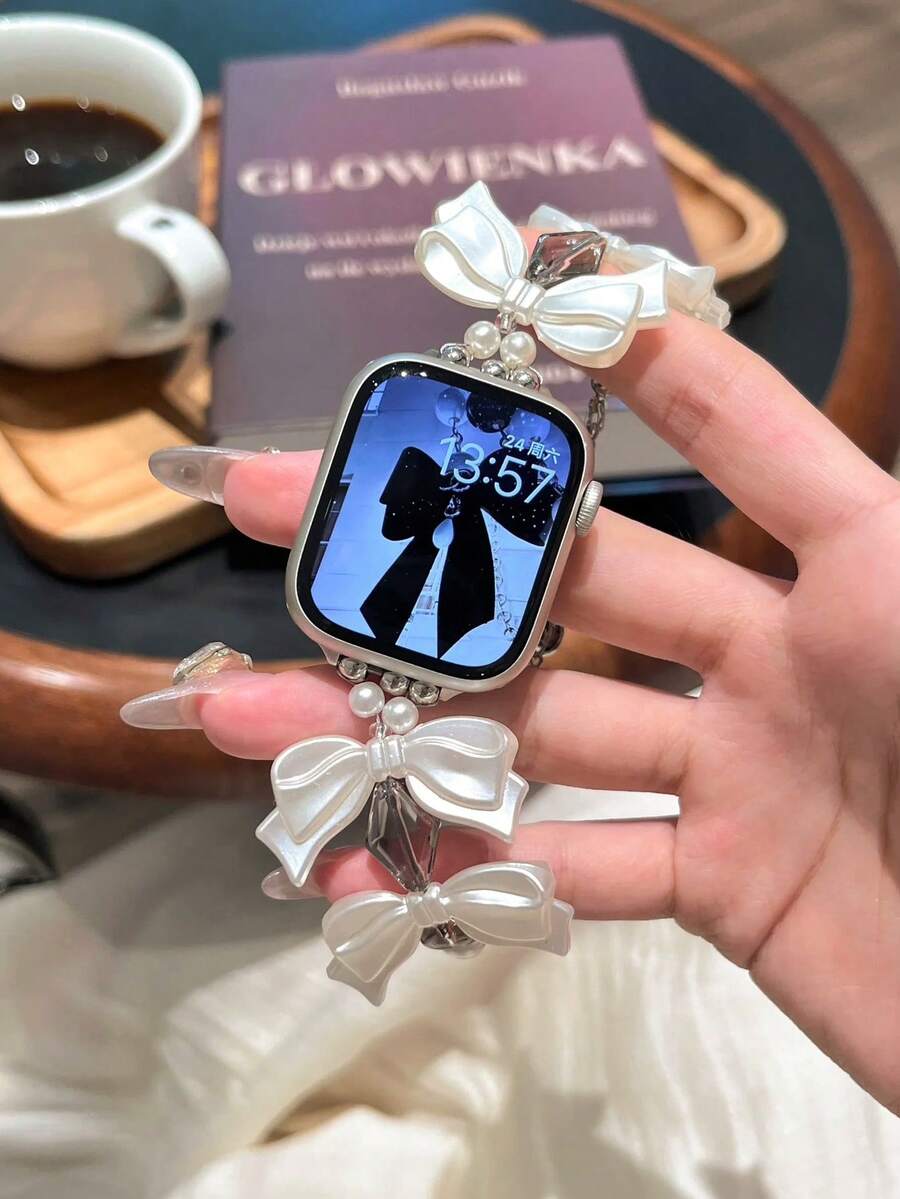 1条女士银色金属缎面蝴蝶结个性化链条表带，适用于38/40/41/44/45/49/42/46mm S11/SE3/Ultra3/Ultra/SE/SE2/10/9/8/7/6/5/4/3/2/1 - [大蝴蝶結] 銀鍊 - 查看 1