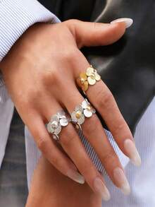 Uself 3pcs/1set 18K Gold Plated Textured Floral Wreath Ring Set, 304 Stainless Steel, Natural Pleated Petal Design, Suitable For Women's Botanical Theme Jewelry In Summer, Low Allergy, Fit For Boho, Streetwear And Daily Wear, Western Style Accessory - Multicolor - View 4