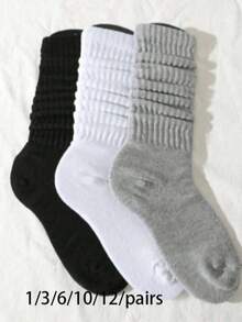 3 paires de chaussettes plissées polyvalentes pour femmes, printemps/été. Chaussettes style coréen/japonais Lolita minimaliste décontracté, chaussettes hautes unies jusqu'au genou (chaussettes uniquement, sans planche à chaussettes) - Blanc - Voir 12