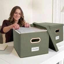 ZICOTO - Juego de 2 cajas organizadoras decorativas de lino plegables con asas son perfectas para almacenar todos tus documentos y carpetas de archivos colgantes cajas portátiles fáciles de deslizar - Salvia - Ver 7