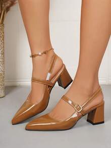 Women's Summer New Lacquered Open-Back Fashion Sandals, French One-Strap High Heel Sandals - Brown - View 2