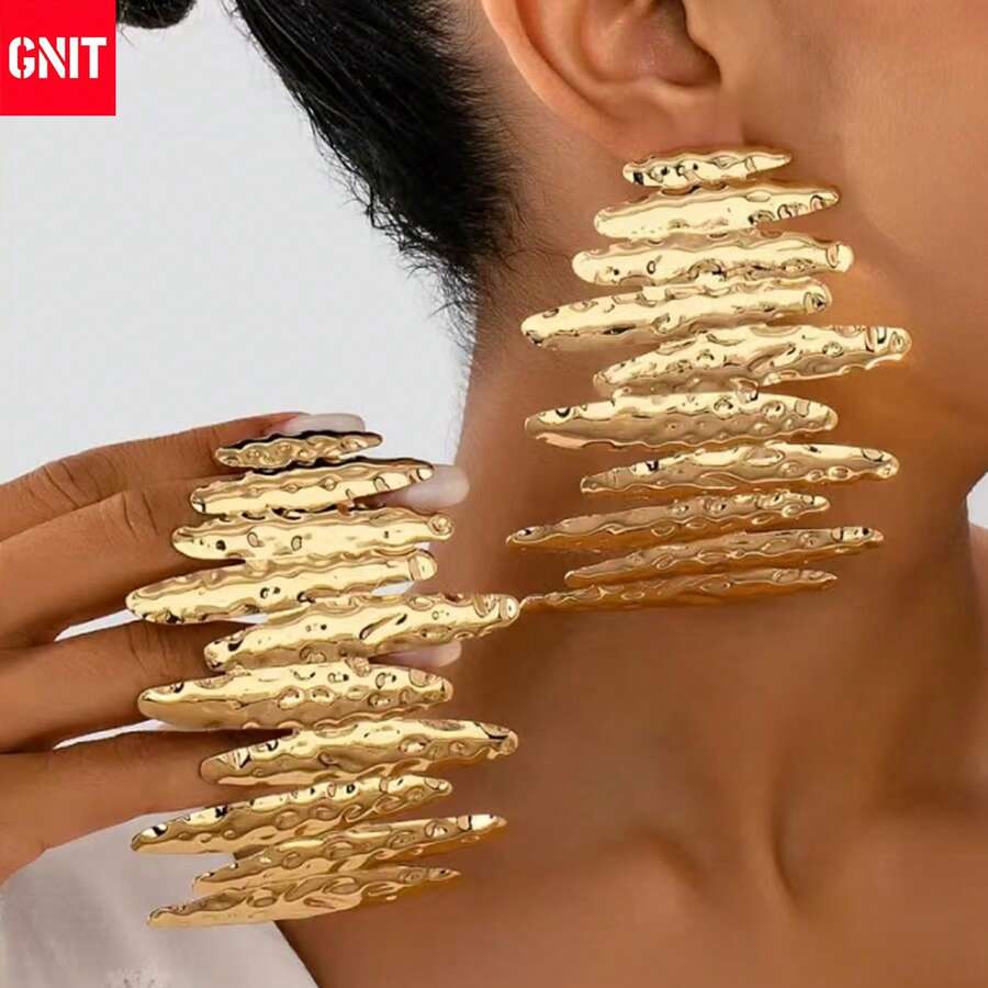 GNIT Fashion Personalized Exaggerated Wrinkle Geometry Street Photography Women's Party Banquet Style Women's Earrings(No Gift Box) Daily Wear - Golden Fence - View 1