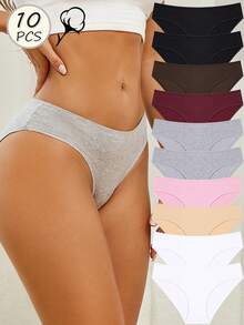 10 piezas de bragas de algodón puro para mujer, ropa interior básica de unicolor cómoda y de tiro bajo, adecuada para uso diario en todas las estaciones - Multicolor - Ver 1