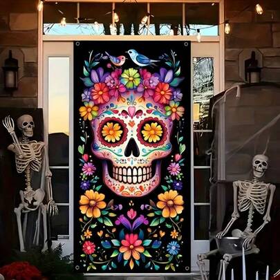 Biểu ngữ cửa hình bộ xương đáng sợ cho Halloween và Ngày Lễ Người Chết - Chất liệu polyester bền, trang trí trong nhà/ngoài trời, phù hợp cho sân, vườn và lối vào nhà.