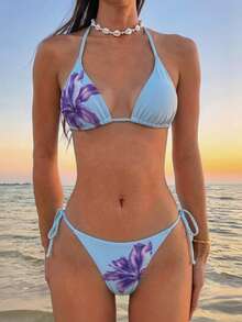 Bộ đồ 4 món mới về: Áo crop top cổ chữ V in hoa gợi cảm và quần short cạp tam giác, trang phục thời trang mùa hè cho kỳ nghỉ. - Màu Lilac Tím - Xem 2