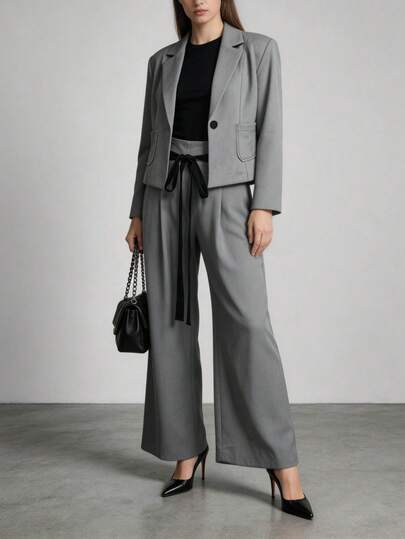 Áo blazer ngắn màu trơn thanh lịch có túi và lớp lót, phù hợp cho đi làm, công sở, ăn trưa, đi học và các dịp khác, mùa xuân và mùa thu.