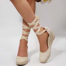 Women's Elegant Closed Toe Espadrille Wedge Sandals With Lace Up Ankle Strap, Platform Summer Vacation Heels For Casual Travel And Daily Wear - Màu be - Xem 5