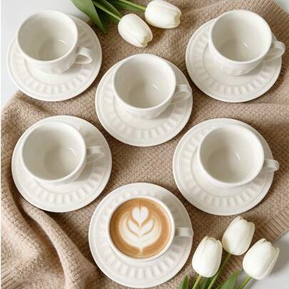 6pcs/Set Roman Style Coffee Cup Set, French High-End Ceramic Cup And Saucer, Dishwasher , Suitable For Hotel, Restaurant, Home Use, Tabletop Decor, Afternoon Tea, Coffee Drinking, Floral Tea, Personalized Gift, Housewarming, Kitchen Supplies, Party, Birthday, Wedding, Mother's Day Gift