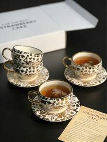 6pcs/Set Luxury Gold Leopard Print Coffee Cups, Espresso Cups And Saucers Set, Suitable For Hotel, Restaurant, Home, Cafe, Afternoon Tea, Coffee Drinking, Floral Tea, Personalized Gift, Housewarming, Kitchen, Party, Birthday, Wedding, Mother's Day, Father's Day - Multicolor - View 8