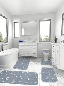 Juego de 3/5 piezas de alfombrillas de baño con tema de patchwork de medio círculo en color Morandi, patrón de estilo minimalista Wabi-Sabi, accesorio de baño suave, absorbente y resistente al desgaste, alfombra de secado rápido de franela + espuma de memoria + tela de poliéster, lavable a máquina - Azul bruma - Ver 6