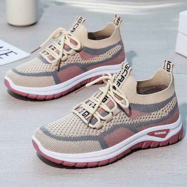 2026 Nuevos tenis de punto transpirables con bloques de color para mujer, zapatillas casuales de suela gruesa y cómoda, diseño de cordones elásticos, adecuadas para actividades al aire libre diarias, zapatillas con suela antideslizante y estilo, aptas para primavera, verano y otoño