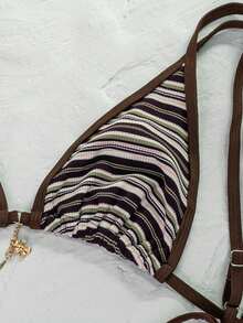 Brown Striped Bikini Set, Triangle Halter Neck Adjustable Shoulder Straps, Tie Back Detail, Removable Padding, Soft Stretchy Fabric, All-Over Striped Print, Brown Base Color With Contrast Trim, Minimalist Fashion Style 2-Piece Swimwear Vacation Beach Summer - Khaki - View 6