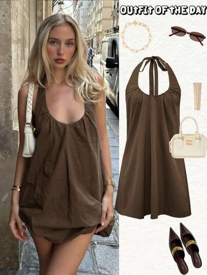 Đầm ngắn dáng suông tối giản, gợi cảm, cổ yếm, hở lưng, màu latte thời trang mới Xuân/Hè 2026, đầm mùa hè, đầm lễ Phục Sinh cho nữ, đầm Ngày của Mẹ, đầm ngày lễ, đầm Ngày Quốc khánh, đầm tốt nghiệp cho nữ, đầm dự tiệc, đầm màu nâu, đầm đi nghỉ mát thường ngày cho nữ, trang phục đi biển cho nữ, đầm nghỉ dưỡng cho nữ, đầm dạ hội, đầm phong cách Y2K cho nữ, đầm chụp ảnh, đầm phối cùng bạn bè, đầm thanh lịch
