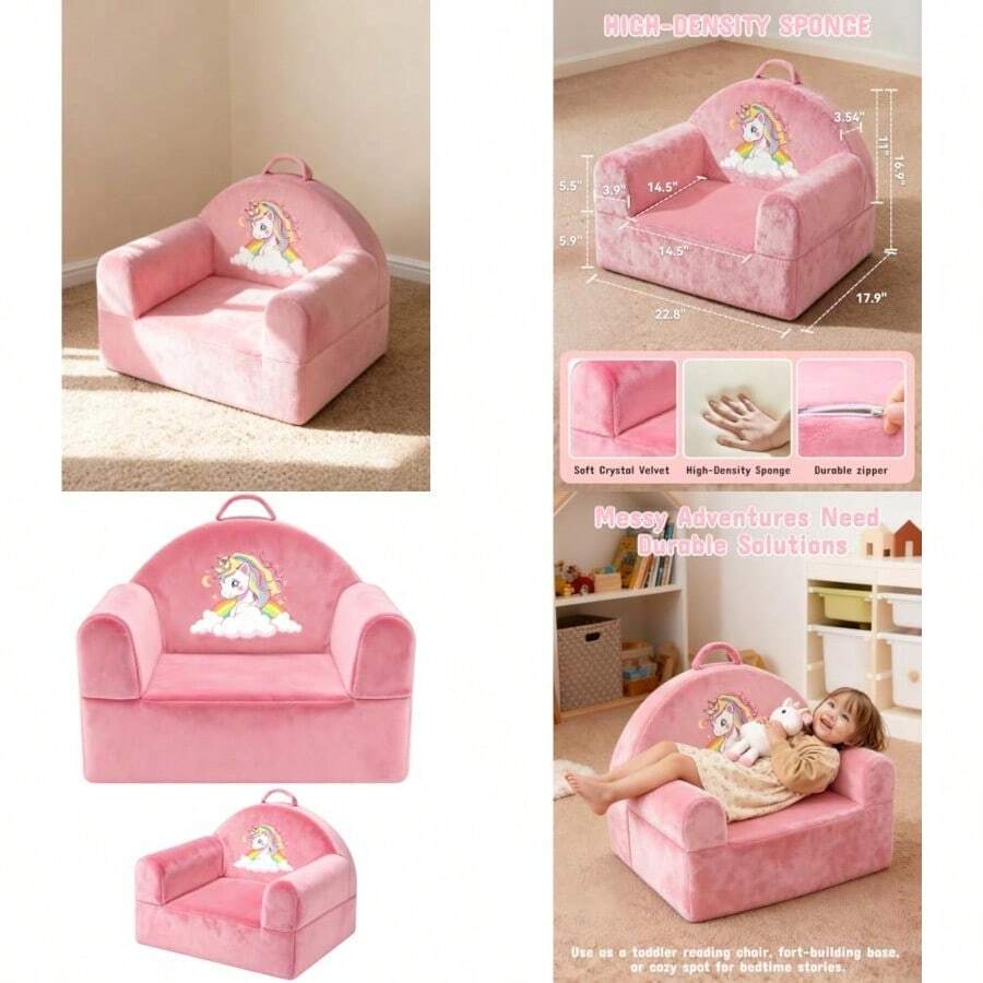 Silla de sofá para niños con funda extraíble lavable y respaldo de cinta mágica cómoda silla de terciopelo de vidrio para jugar siestas y viajes rosa suave diseño de unicornio - Rosado - Ver 1
