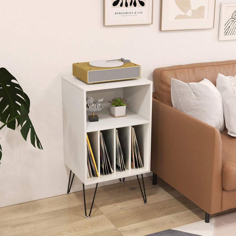 GOFLAME Vinyl Record Storage Table With Shelf & 4 Dividers, 3-Tier Turntable Stand & Record Player Display Shelf For Living Room, Bedroom - White - View 1