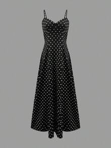 Vestido de verano elegante sin mangas con escote en V y estampado de lunares para mujer, color negro - Negro - Ver 6