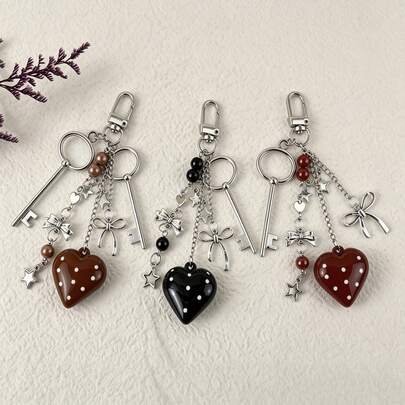 1pc Vintage Polka Dot Heart Keychain, Y2K Chic Metal Bow Keyring Charm, Keychain Gift For Best Friend, Bag Accessory Bag Charm Accessoires Charms For Bag Teacher Gifts
