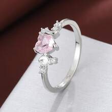 1pc Elegant Moon & Heart Shaped Design Cubic Zirconia Inlaid Ring, Couple Gift - Multicolor - View 5