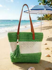 1pc New Holiday Tassel Pendant Bicolor Straw Tote Bag, Casual Shoulder Handbag, Beach Bag, Travel Bag, Valentine's Day Gift For Women, Woven Bag,Fringe Bag - Mint Green - View 8