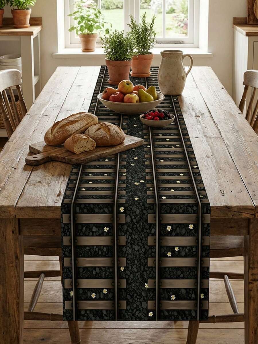 1 pieza Camino de mesa de hierro con margaritas, decoración de mesa de comedor con vía férrea 3D floral, disponible en varios tamaños, material de poliéster de alta calidad, lavable a máquina, adecuado para sala de estar, cocina, comedor, fiestas temáticas, fiestas diarias - A - Ver 1