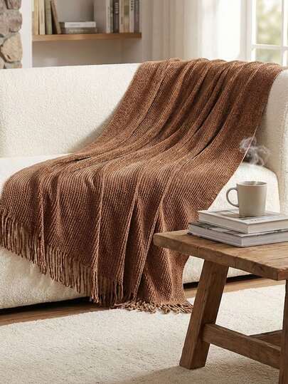 1pc Khaki Knitted Throw Blanket, Casual Nap Blanket With Tassels For Bed, Living Room, Sofa, Chair