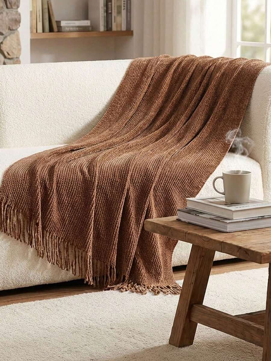 1 chiếc chăn dệt kim màu kaki, chăn ngủ thông thường có tua rua dùng cho giường, phòng khách, ghế sofa, ghế tựa. - Cà phê nhung dệt mịn - Xem 1