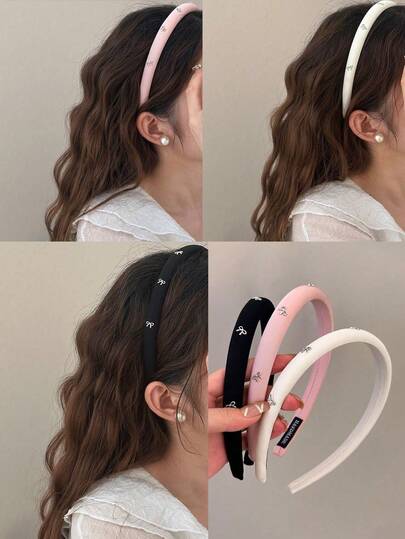 3pcs/1pc Fashion Narrow Silver Bow Solid Color Fabric Sponge High Crown Headband, Hair Band, Hair Hoop, Hair Accessories