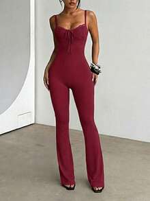 1pc Solid Color Knotted Lace Bralette Jumpsuit, Suitable For Vacation All Season - Burgundy - View 4
