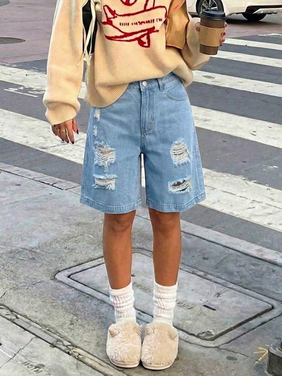 Quần short denim dáng rộng dài đến đầu gối Womi mùa hè, thích hợp cho kỳ nghỉ, bãi biển, lễ hội nhạc đồng quê. - Rửa trung bình - Xem 1