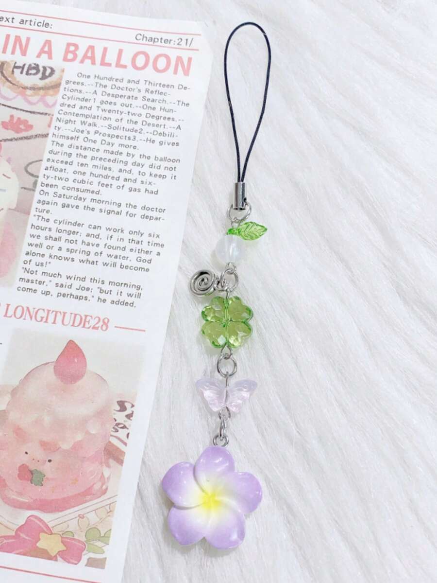 1 chiếc dây đeo điện thoại hình hoa sứ và cỏ bốn lá tươi mát, dây đeo điện thoại đính hạt hình bướm, phù hợp với mọi dòng điện thoại, phụ kiện móc khóa chống thất lạc (Kích thước thực tế có thể hơi khác so với ảnh do góc chụp và độ phóng đại)