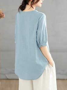 Literary And Retro Style, Loose V-Neck Shirt With Embroidery Summer - Light Blue - View 5