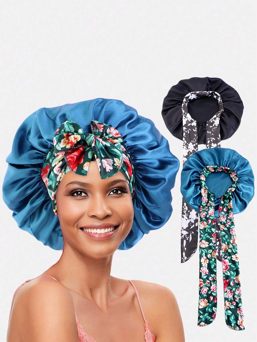 2 chiếc mũ ngủ bằng vải satin in họa tiết, co giãn dành cho nữ, có băng đô cài tóc, thích hợp sử dụng hàng ngày. - Nhiều màu - Xem 1