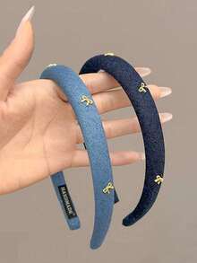 2pcs/1pc Women's Korean Fashion Narrow Silver Bow Solid Color Denim Sponge Headband, Elegant Versatile Headband Suitable For Daily Use, Home, School, Beach, Work, Party, Holiday, Birthday, Back To School, New Year, Valentine's Day, Mother's Day Gift Travel Accessories Hair Band Hair Hoop - Multicolor - View 4