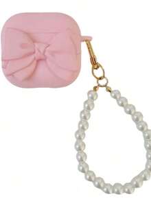 Bow-Knot 3D Pink Bow/Flower Soft Case Compatible With Apple Pods Pro 3/4th Gen/3rd Gen Compatible With Airpods Pro 2 Protective Case, For Wireless Headphones, Holiday Gift - Pink Frosted Big Bow + Pearl Tag Bracelet - View 10