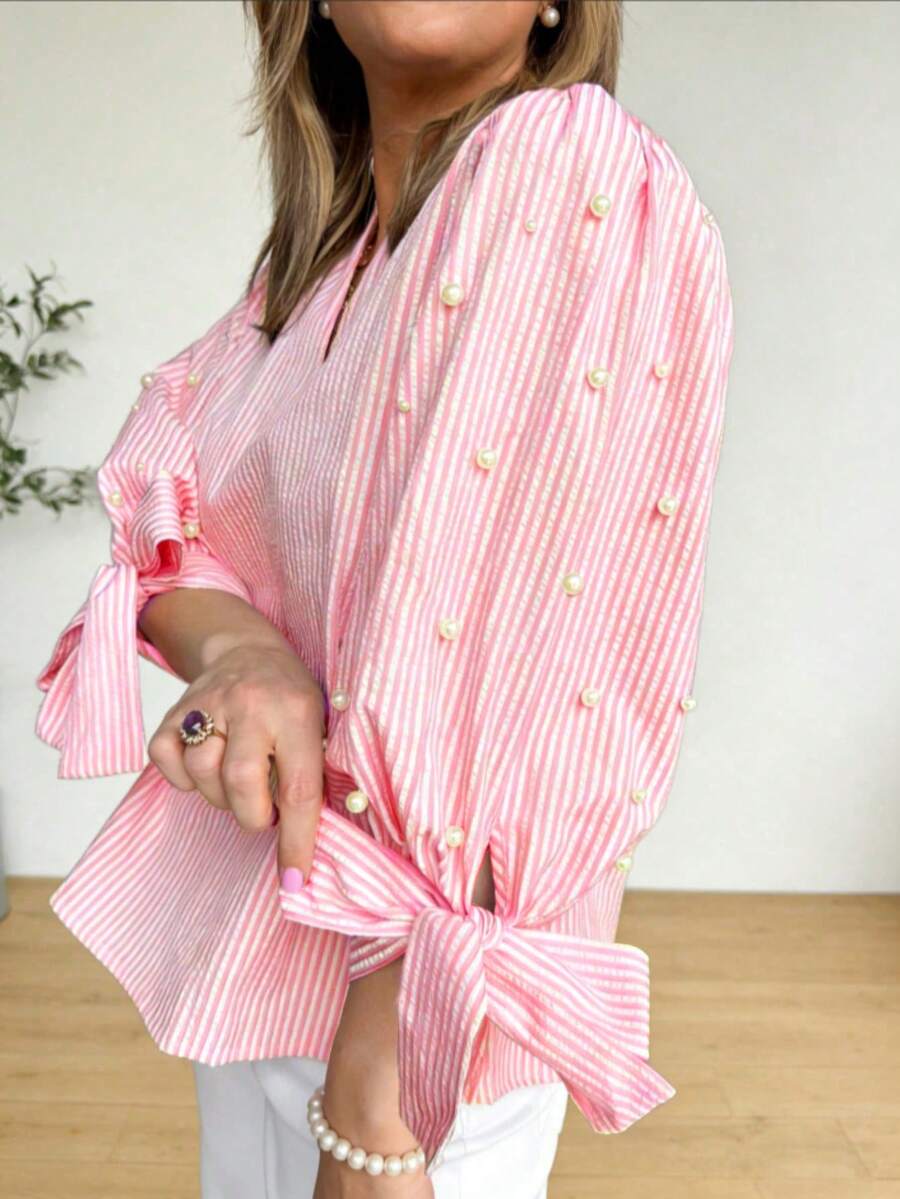 女款優雅簡約珍珠裝飾蝴蝶結條紋紋理襯衫,適合日常通勤、休閒約會 - 西瓜粉 - 查看 1