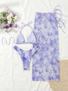 Bộ bikini nữ thanh lịch, gợi cảm, hở lưng màu tím nhạt phong cách Y2K, kèm váy sarong cùng màu - Chất liệu co giãn cao, họa tiết nhuộm tie-dye, thích hợp cho các bữa tiệc, mùa xuân, bãi biển, kỳ nghỉ, giải trí, lãng mạn, thiết kế thời trang, độc đáo, giản dị, phong cách Bohemian, du lịch, thư giãn hàng ngày. - Nhiều màu - Xem 4