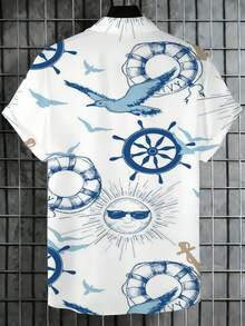 Ocean Freedom Seagulls Soaring Above Lifebuoys And Ship Wheels Symbolize Maritime Adventure And Tranquility 3D Print Casual Short Sleeve Men'S Button Up Shirt Summer Beach Style Tophawaiian Shirt Men Summer Shirt - 白色 - 查看 2