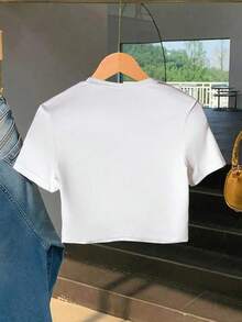 Women's Slim-Fit Y2K Short-Sleeved Crew Neck T-Shirt With A New York City Band Logo, Perfect For Summer Pairing With Shorts Or High-Waisted Jeans, Simple Yet Stylish. - 白色 - 查看 2