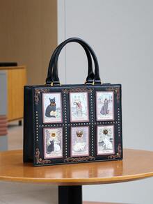 2025 High-End Fashion Summer New Women Handbag, Niche Design Tarot Card Diamond Tote Bag, Large Capacity Y2K Cute Cat Bag, Unique Handmade Embroidery Beaded Briefcase, Retro One Shoulder Tote Bag - 彩色 - 查看 10
