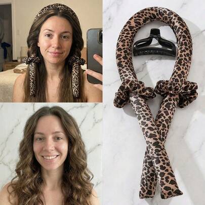 4Pcs Leopard Print No-Heat Curling Rod Set, Create Sleep Curls Without Heating, Includes Satin Sleep Cap, Suitable For Women, Achieve Smooth Curls Overnight Without Damaging Hair. The Satin Sleep Cap Is Suitable For Use Before Bed And Back-To-School, A Must-Have For Travel And Vacations