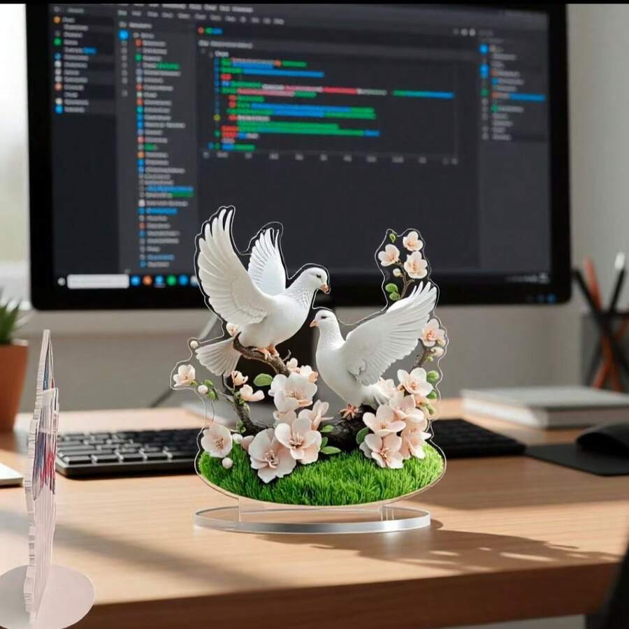 2D Acrylic Dove & Flower Pattern Minimalist Love Theme Desktop Decor