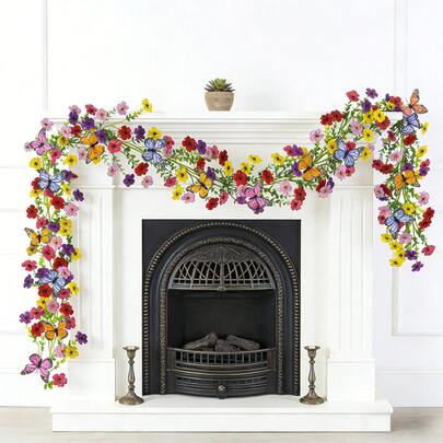 1pc Artificial Daisy Flower Garland, Spring Summer UV Resistant Fake Floral Vine Hanging Decor, Spring Wild Flower Garland With Eucalyptus Leaf Violet Colorful Butterfly For Home Mantle Garden Party Wedding Arches Wall Staircases Booth Backdrop Decor
